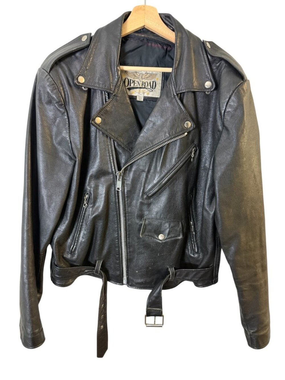 Vintage Open Road Men’s 42 L Black Genuine Leather Motorcycle Biker Moto Jacket